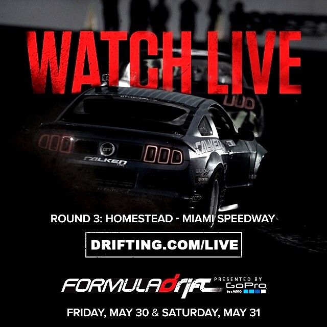 (WATCH LIVE) FORMULA DRIFT Florida onDRIFTING.COM @DRIFTINGCOM - Friday, May 30, 2014 (EASTERN STANDARD TIME) - 10:00am – 11:00am – PRO: Open Practice - 11:00am – 12:00pm – PRO: Open Practice - 12:00pm – 3:00pm – PRO: Qualifying - 12:00pm – 3:00pm – LIVE STREAM: PRO Live Stream Begins - 5:00pm – 6:00pm – Pro2: Practice - 6:15pm – 7:45pm – Pro2: Top 16 - 6:15pm – 7:45pm - LIVE STREAM: PRO 2 Live Stream Begins - Saturday, May 31, 2014 (EASTERN STANDARD TIME) - 11:00am – 12:30pm – PRO: Open Practice – Top 32 Track - 12:30pm – 2:30pm – MAIN COMPETITION: Round of 32 Track - 12:30pm – 2:30pm - LIVE STREAM: PRO Live Stream Begins - 2:30pm – 4:00pm – “Halftime Break” - 4:00pm – 4:30pm – National Anthem / Opening Ceremonies - 4:30pm – 7:00pm – PRO: MAIN COMPETITION: - 4:30pm – 7:00pm – LIVE STREAM: Live Stream Begins -